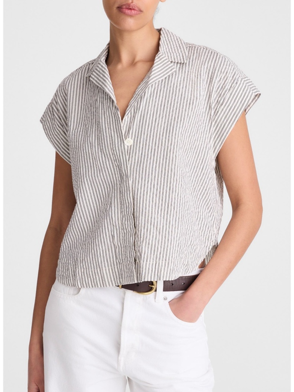 Madewell Notch Collar Stripe Cotton Seersucker Popover Shirt Sz M